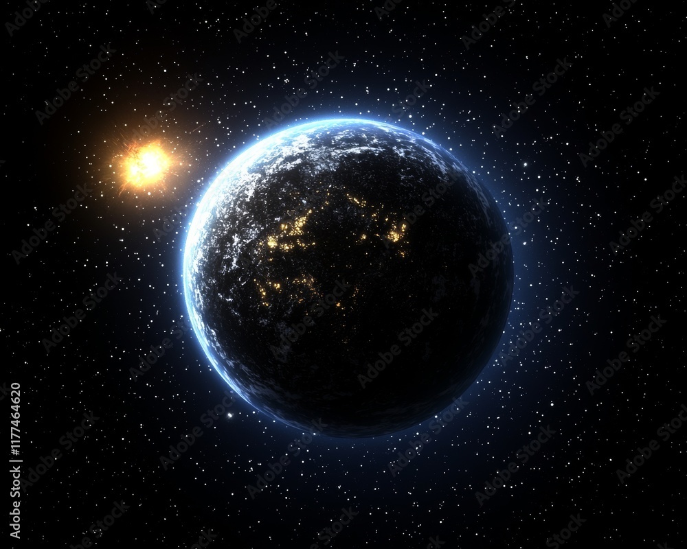 Fototapeta premium Planet Orbit Visualization Stunning Earth Scene in Space Cosmic Environment Digital Art