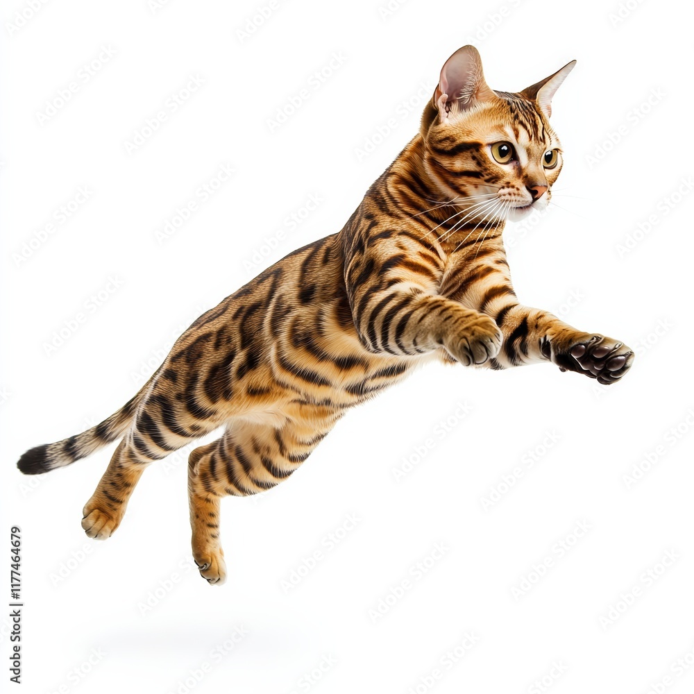 A Bengal cat mid-leap, body stretched dynamically with detailed rosettes on its fur, set against an isolated white background A Bengal cat mid-leap, body stretched dynamically with detailed rosettes on its fur, set against an isolated white background