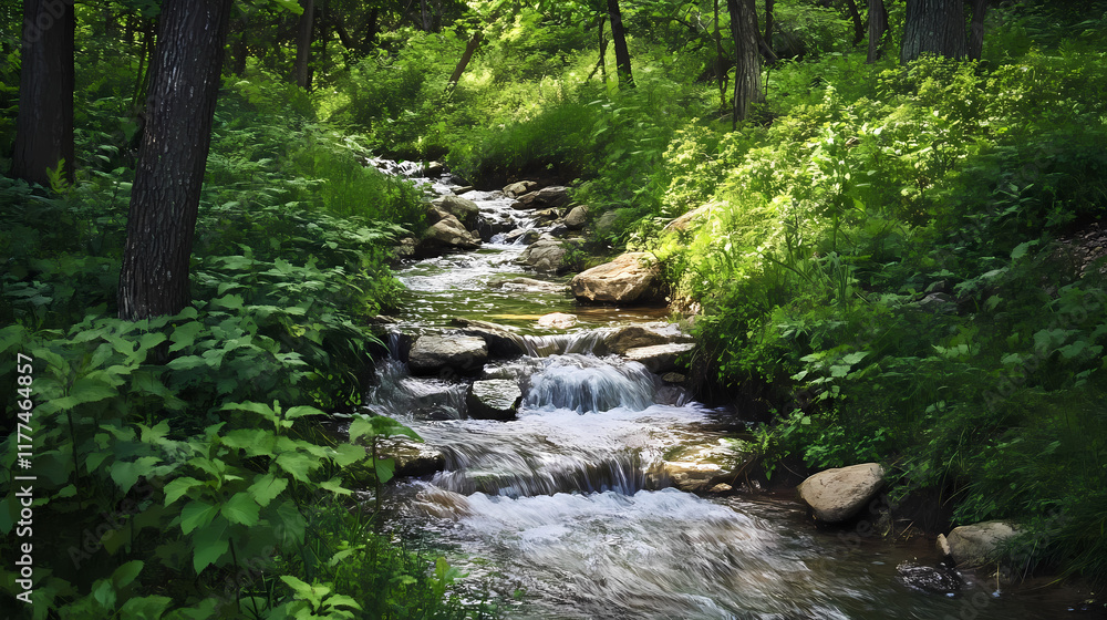 Gentle stream meandering through a verdant foothill slope near wildwood falls, lush greenery, peaceful atmosphere. Foothill. Illustration Gentle stream meandering through a verdant foothill slope near wildwood falls, lush greenery, peaceful atmosphere. Foothill. Illustration