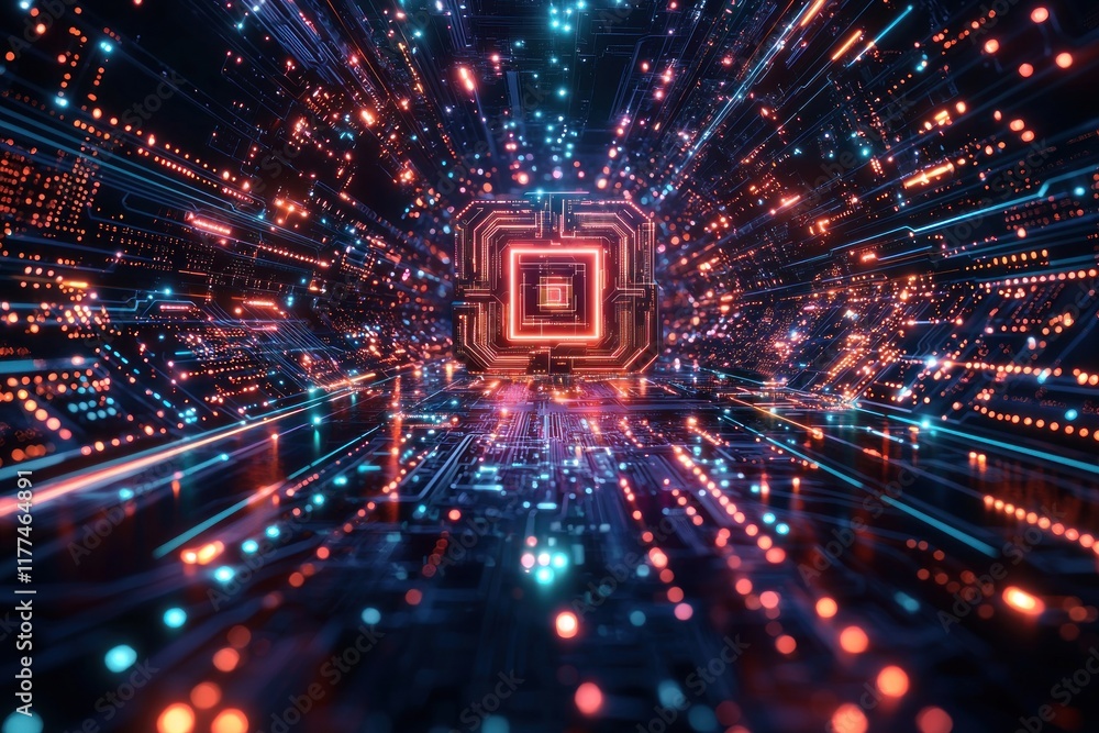 Obraz premium Glowing CPU core in cyberspace with fast data streams, for technology backgrounds
