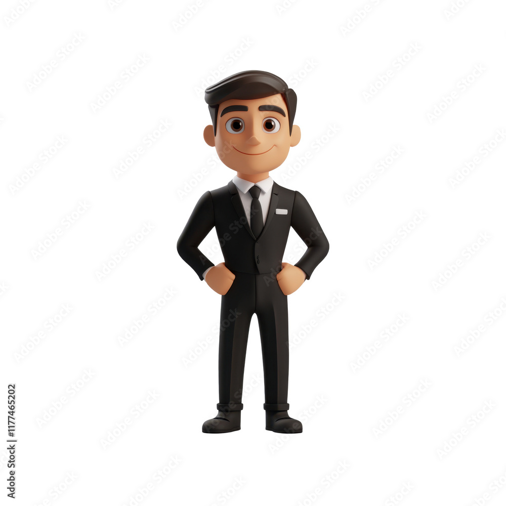 3D cartoon character illustration of businessman in black suit and tie with friendly expression. Hands in pockets, suitable for business or corporate themes. Isolated on transparent background, png. 3D cartoon character illustration of businessman in black suit and tie with friendly expression. Hands in pockets, suitable for business or corporate themes. Isolated on transparent background, png.