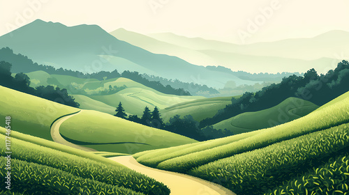 Illustrated landscape of lush green terraces on rolling hills, with a winding path and distant mountains under a clear sky. Foothill. Illustration
