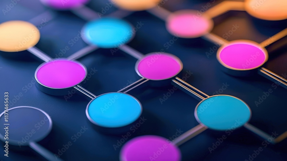 Fototapeta premium An abstract design featuring colorful circular nodes connected by lines, creating a visually appealing network or flowchart on a dark background.