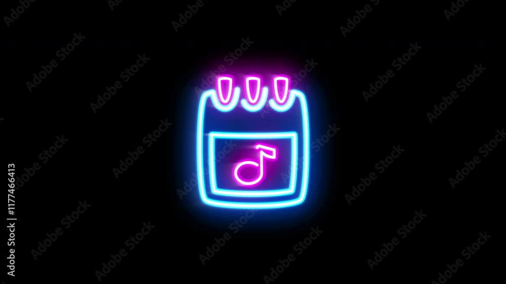 The blinking neon light of a calendar icon on a black background. The blinking neon light of a calendar icon on a black background.