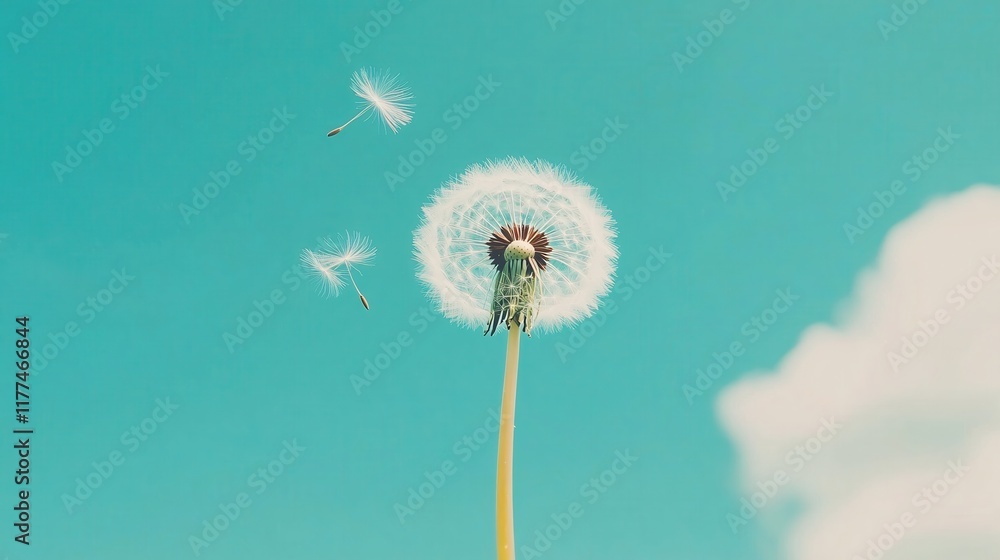 Fototapeta premium Dandelion Seeds Floating Against a Clear Blue Sky on a Beautiful Day