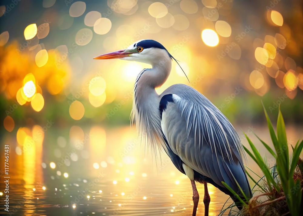 Naklejka premium Japanese Painting Style Heron with Bokeh Background - Artistic Bird Illustration