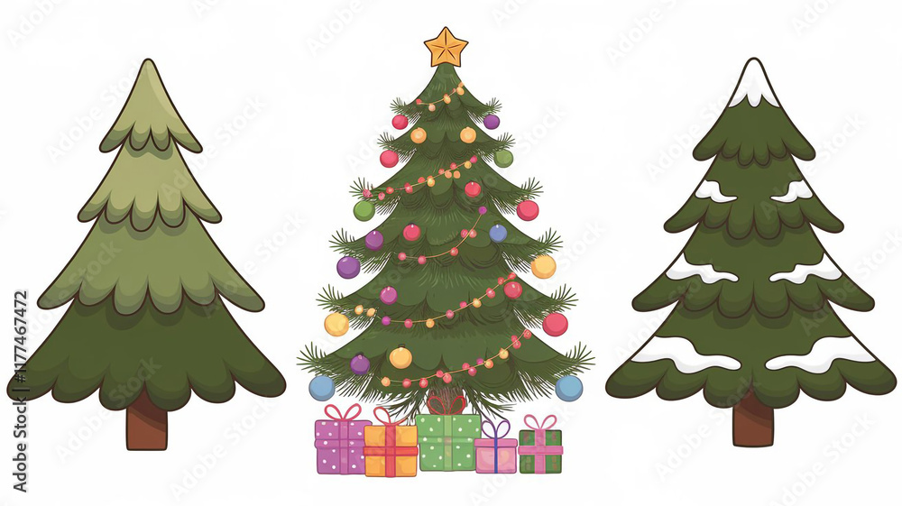 Fototapeta premium Festive Christmas Trees Decorated Fir Winter Wonderland Holiday Gifts