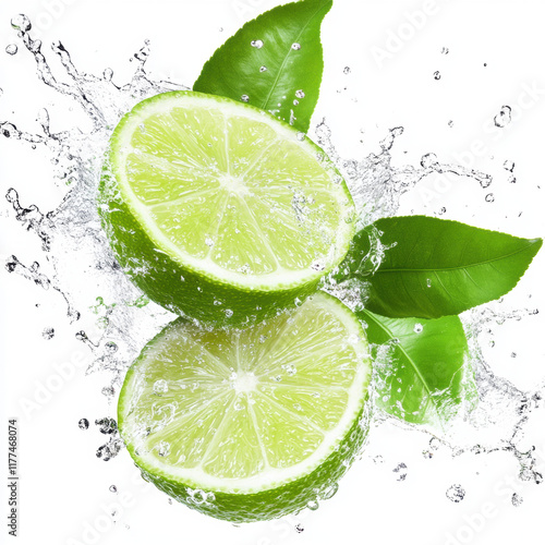Fresh lime halves splash in water, surrounded by green leaves, creating vibrant and refreshing scene. Perfect for culinary or beverage themes