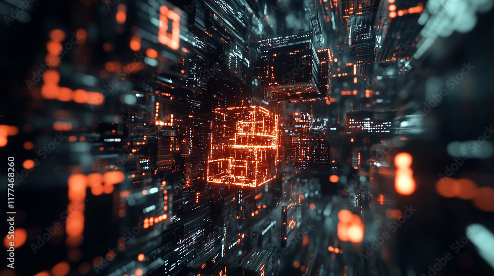 Obraz premium Digital cityscape with glowing data structures and abstract technology in motion