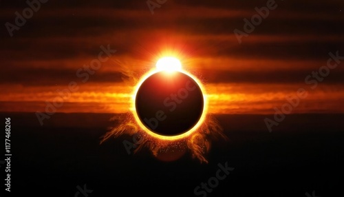 Dramatic Solar Eclipse with Glowing Corona Against Fiery Red Sky Capturing Cosmic Phenomenon and Celestial Beauty for Astronomy Enthusiasts photo