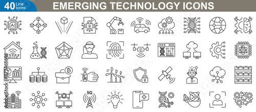 Emerging technology icons set. Related machine learning, blockchain, quantum computing, augmented reality, 5G connectivity, cybersecurity, internet and more. vector illustration.