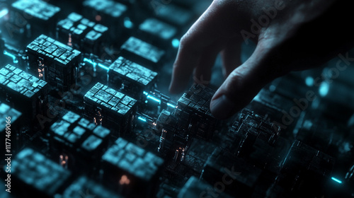 Exploring digital landscapes with hands manipulating glowing cubes at night