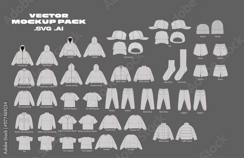Basic Pack Vector Mockup Streetwear Clothing Vector Mockup Pack Techpack Vector Apparel Mockup Collection Fashion Illustrator Vector Tech Pack Men's T-shirt Trucker Hoodie Joggers Jacket Short 