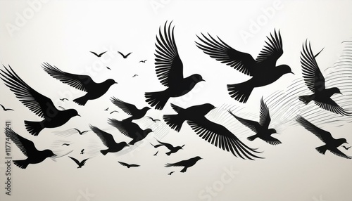 Flying birds silhouettes on white background. Generated image photo