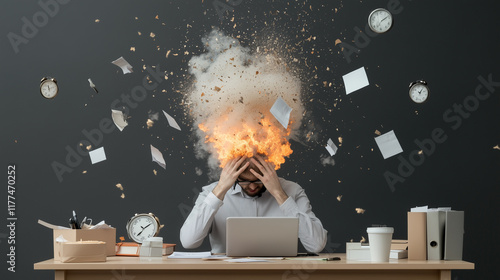 A person sits at a desk, overwhelmed, with a cloud of explosion above their head, symbolizing stress and chaos in a work environment.