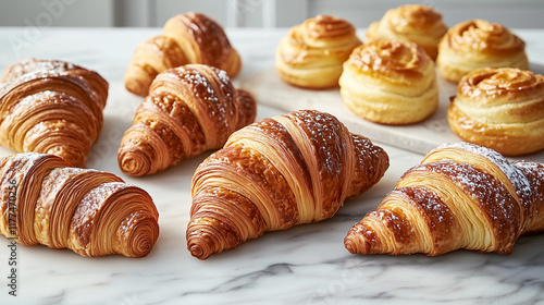 Freshly baked pastries, including croissants and éclairs, displayed on a marble countertop with soft lighting  photo