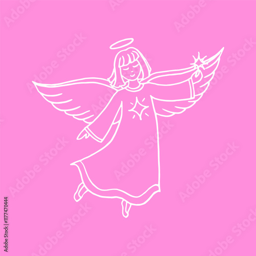 Angel linear hand drawn illustration with star on pink color background in vector format