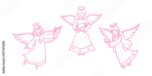 Angels hand drawn pink linear illustration on isolated white color background in vector format