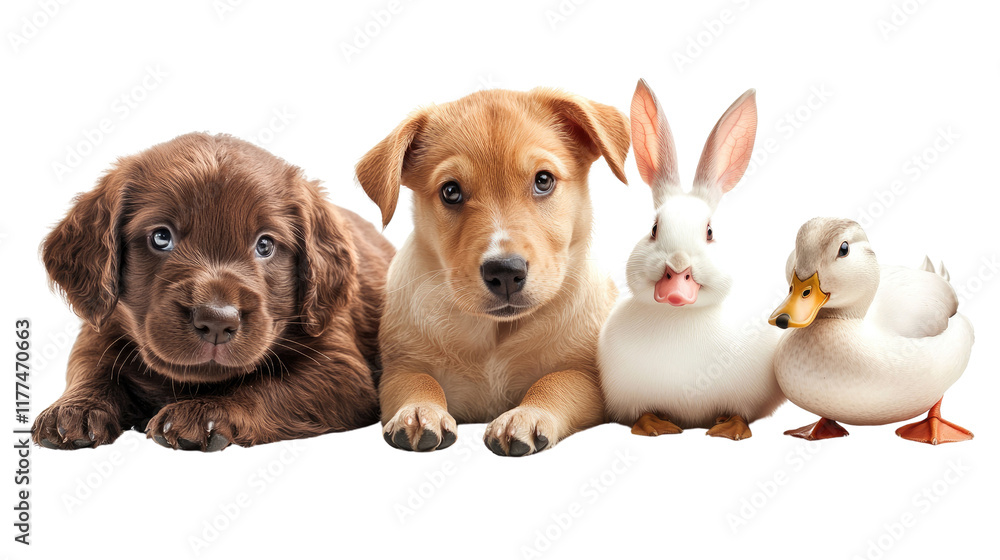 Fototapeta premium Adorable Puppy, Kitten, Bunny, and Duckling Friends