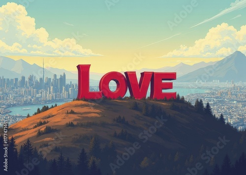 LOVE sign atop a hill with a city skyline sprawling beneath it and mountains in the background