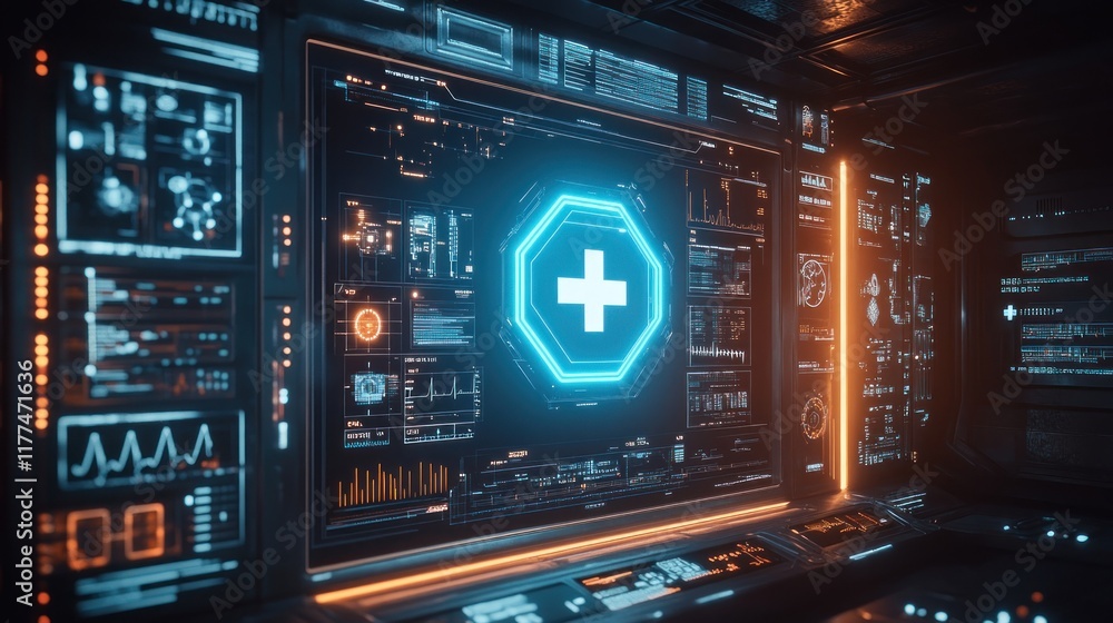 Obraz premium A glowing blue shield with a prominent plus sign at its center, surrounded by a sleek, futuristic digital interface