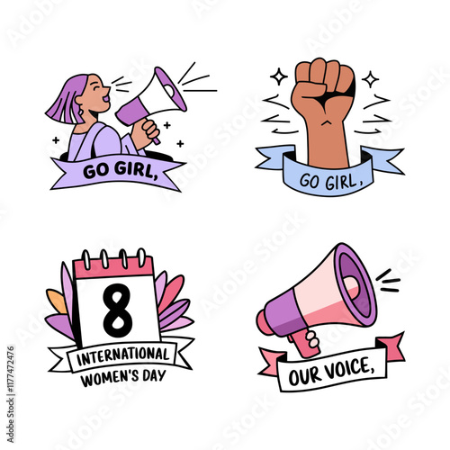 Four Cute, Colorful Vector Icon Sticker Celebrating International Women's Day.