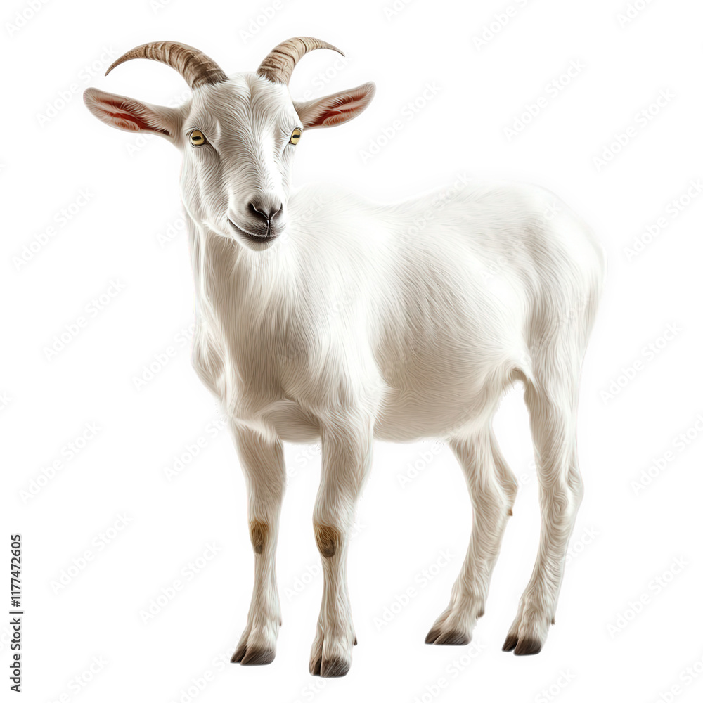 realistic depiction of a white goat with small. curved horns. standing upright against a plain background the goat appears healthy and well-groomed. showcasing its distinctive features this illustrati realistic depiction of a white goat with small. curved horns. standing upright against a plain background the goat appears healthy and well-groomed. showcasing its distinctive features this illustrati