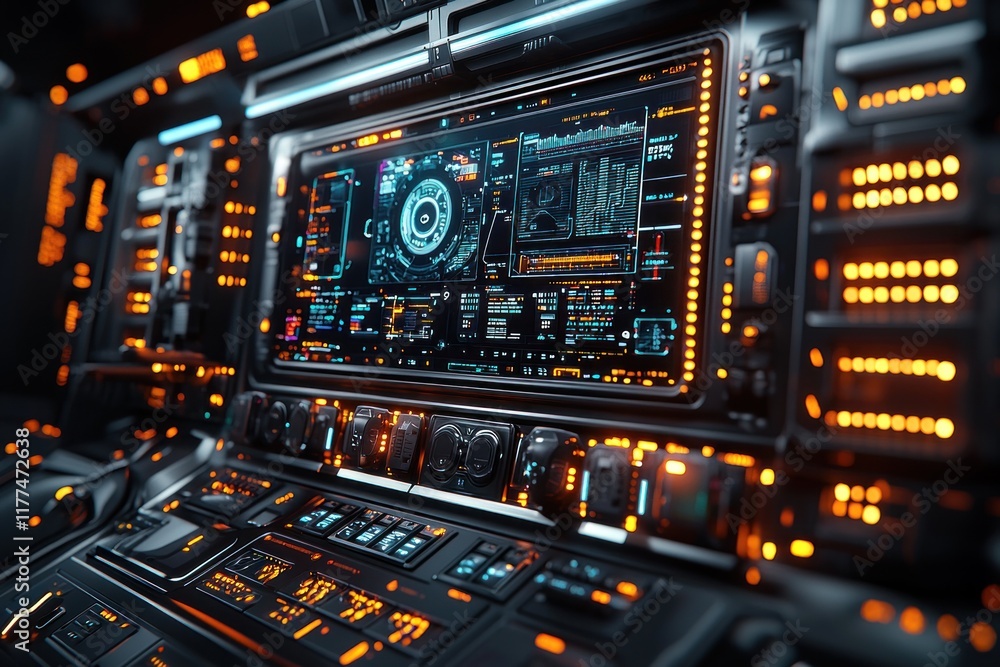 Fototapeta premium Futuristic vehicle cockpit control panel with digital interface displaying data in a dark interior