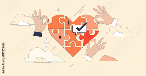 Healthcare unity is symbolized by hands assembling a heart-shaped puzzle, highlighting collaboration and care. Neubrutalism hands concept