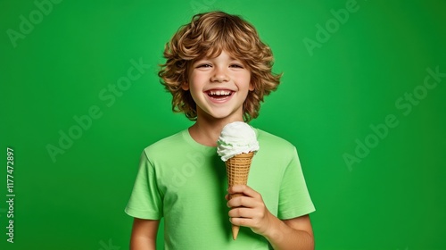 A happy, energetic child eating a delicious ice cream cone with a waffle cone, isolated against a bright green backdrop