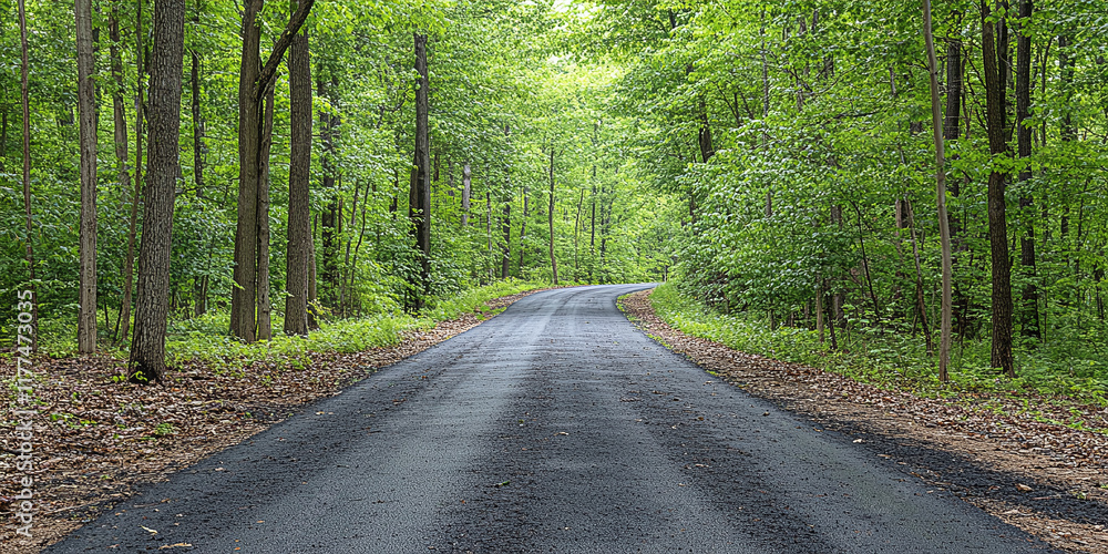 Obraz premium A newly paved road stretching through a dense green forest. The fresh greenery and soft light create a calm and inviting atmosphere perfect for a scenic drive.