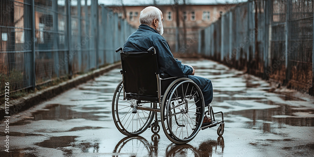 Obraz premium An elderly man in a wheelchair on a rainy pathway, surrounded by metal fences and wet ground, creating a somber atmosphere.