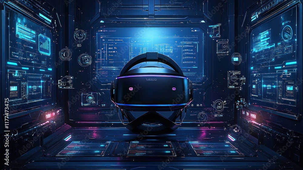 Fototapeta premium VR headset in futuristic control room with data interfaces on screens for simulation