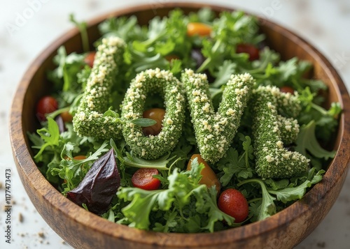 LOVE spelled out with fresh herbs on a homemade salad served in a rustic wooden bowl photo