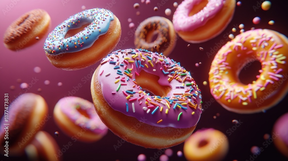 A playful scene of a bunch of delicious donuts falling from above, covered in colorful sprinkles, against a dark pink background A playful scene of a bunch of delicious donuts falling from above, covered in colorful sprinkles, against a dark pink background