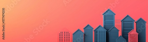 A stylized city skyline with geometric buildings against a vibrant gradient background, showcasing an urban landscape.