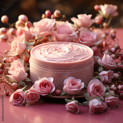 Jar of rose cream and flower on table