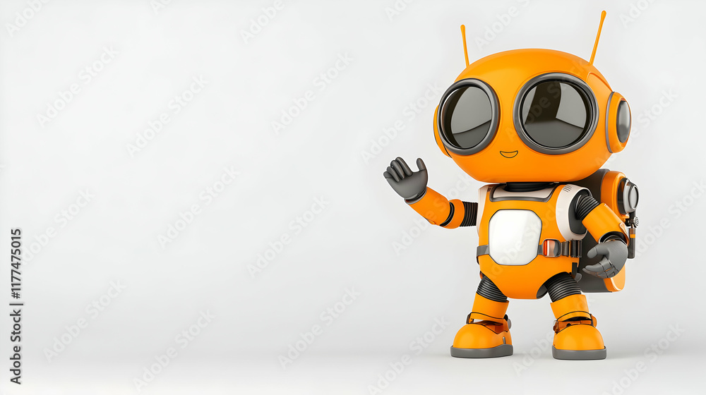 Friendly orange robot waving, backpack, white background; website banner, children's book. Friendly orange robot waving, backpack, white background; website banner, children's book.