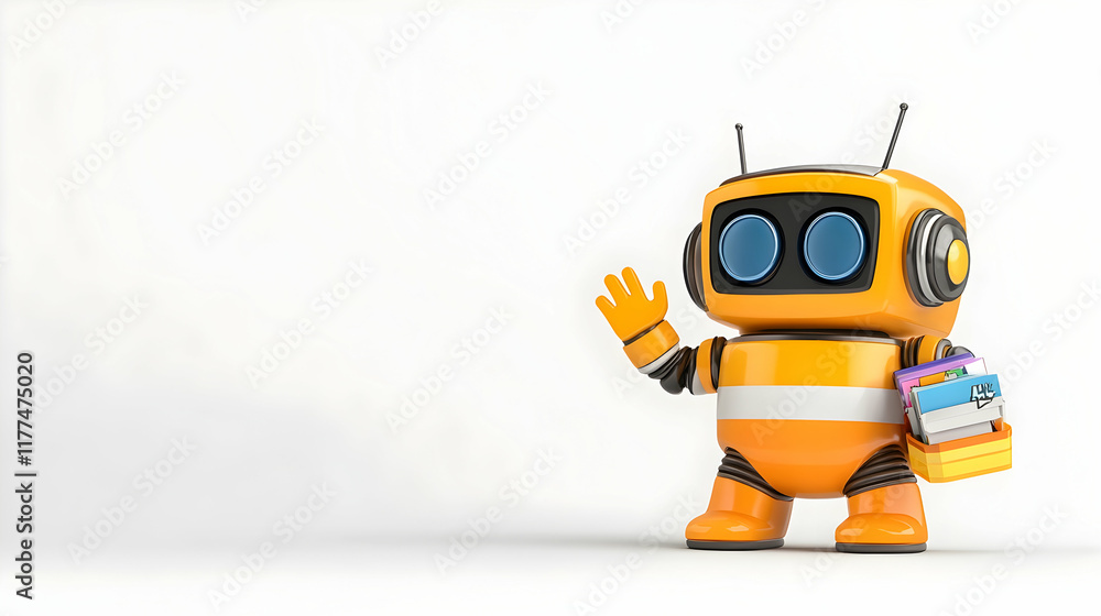 Friendly robot assistant waves, holding files; white background; ideal for tech support, automation, or AI concepts. Friendly robot assistant waves, holding files; white background; ideal for tech support, automation, or AI concepts.