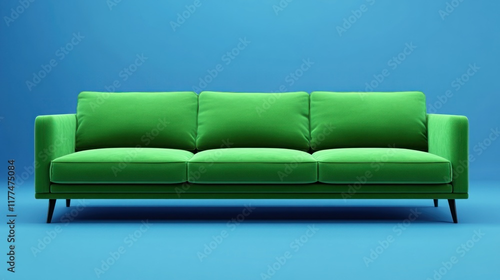 A sleek modern green sofa placed against a bold, vibrant blue background A sleek modern green sofa placed against a bold, vibrant blue background