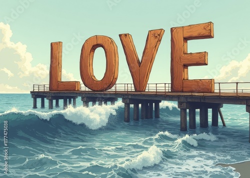 LOVE written in towering, wooden letters on a pier with the ocean crashing below, evoking a nostalgic coastal atmosphere photo