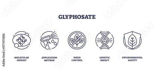 Glyphosate icons outline key concepts like molecular insight, application method, and weed control. Outline icons set