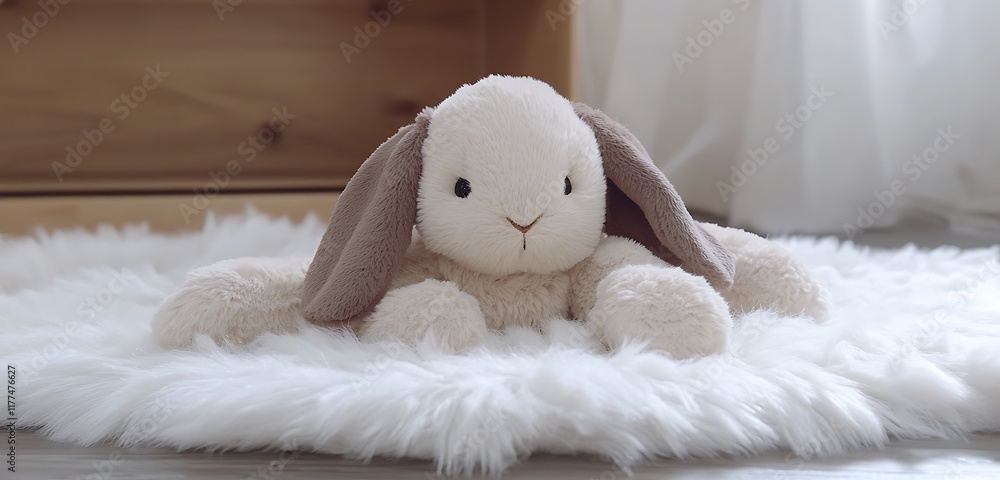 Small plush bunny with floppy ears resting on a white fluffy rug Small plush bunny with floppy ears resting on a white fluffy rug