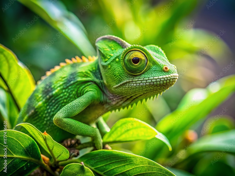 Fototapeta premium Juvenile Green Chameleon Climbing Wild Plant - Candid Wildlife Photography