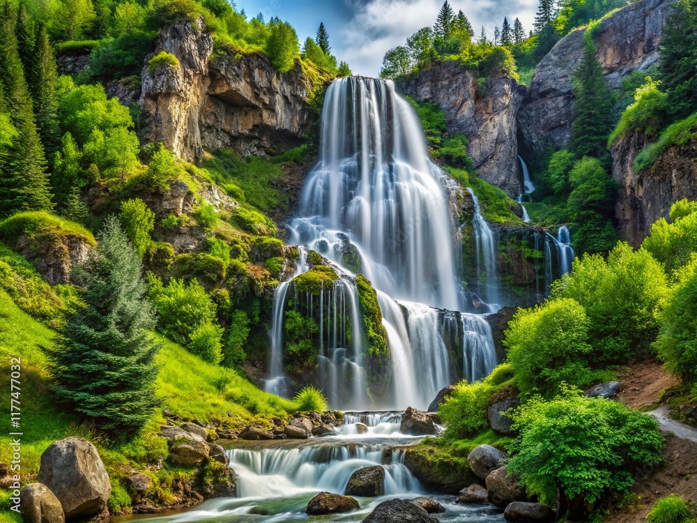 Fototapeta premium Kazakhstan Waterfall: Minimalist Nature Photography - Lush Greenery & Rocky Cliffs