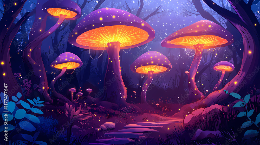 Naklejka premium A magical night in the forest, when bright bioluminescent mushrooms illuminate the foothills of large curved trees. strange glowing vines hang from the branches. Foothill. Illustration