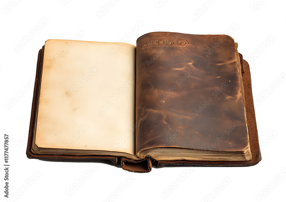 Fototapeta premium An open blank book with white pages on the left isolated on white background.PNG