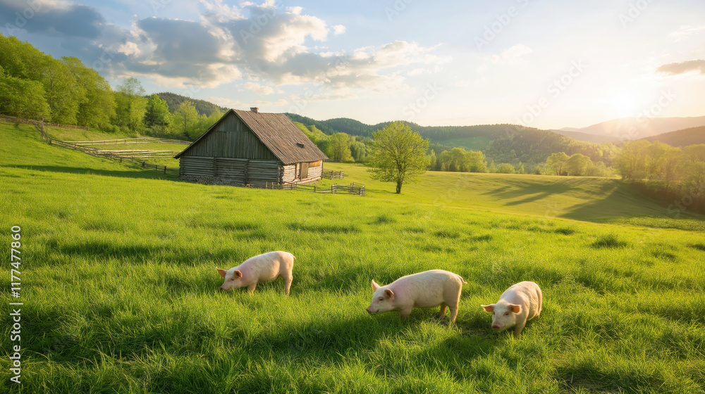 Fototapeta premium Pigs grazing in lush farm fields countryside landscape daylight