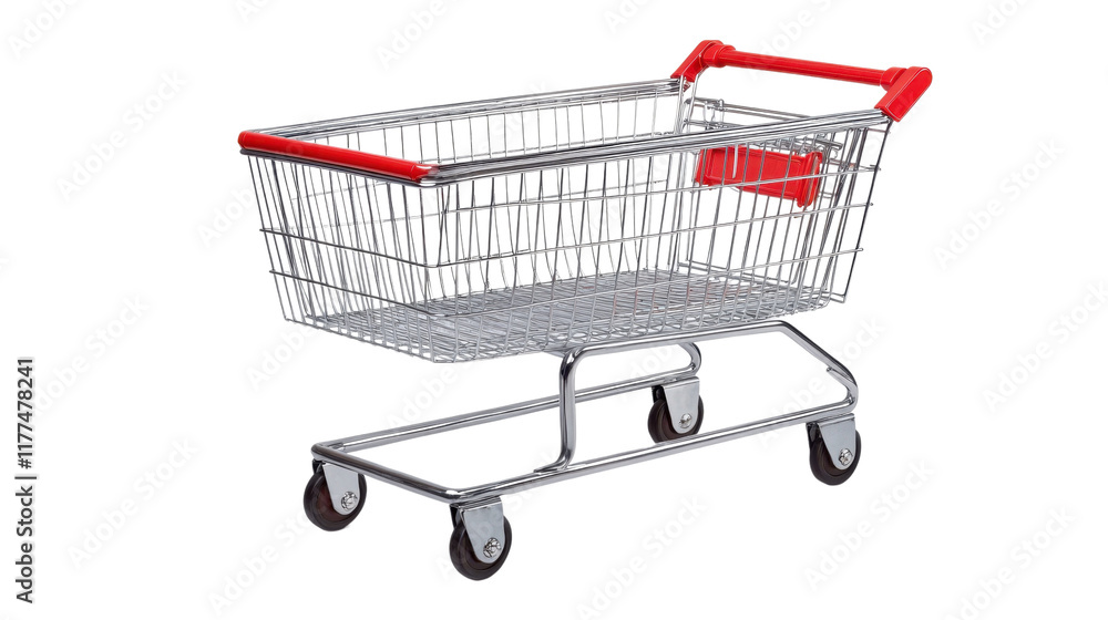 Empty shopping cart isolated on white background with metal frame and red wheels