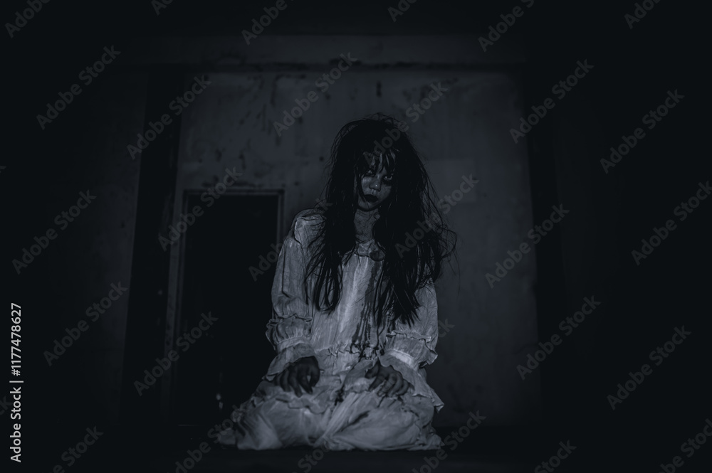 The Vengeful Spirit of a Young Girl Haunts an Abandoned House, A Chilling Scene of Horror and Supernatural Terror in an Eerie Thriller,Halloween festival concept The Vengeful Spirit of a Young Girl Haunts an Abandoned House, A Chilling Scene of Horror and Supernatural Terror in an Eerie Thriller,Halloween festival concept
